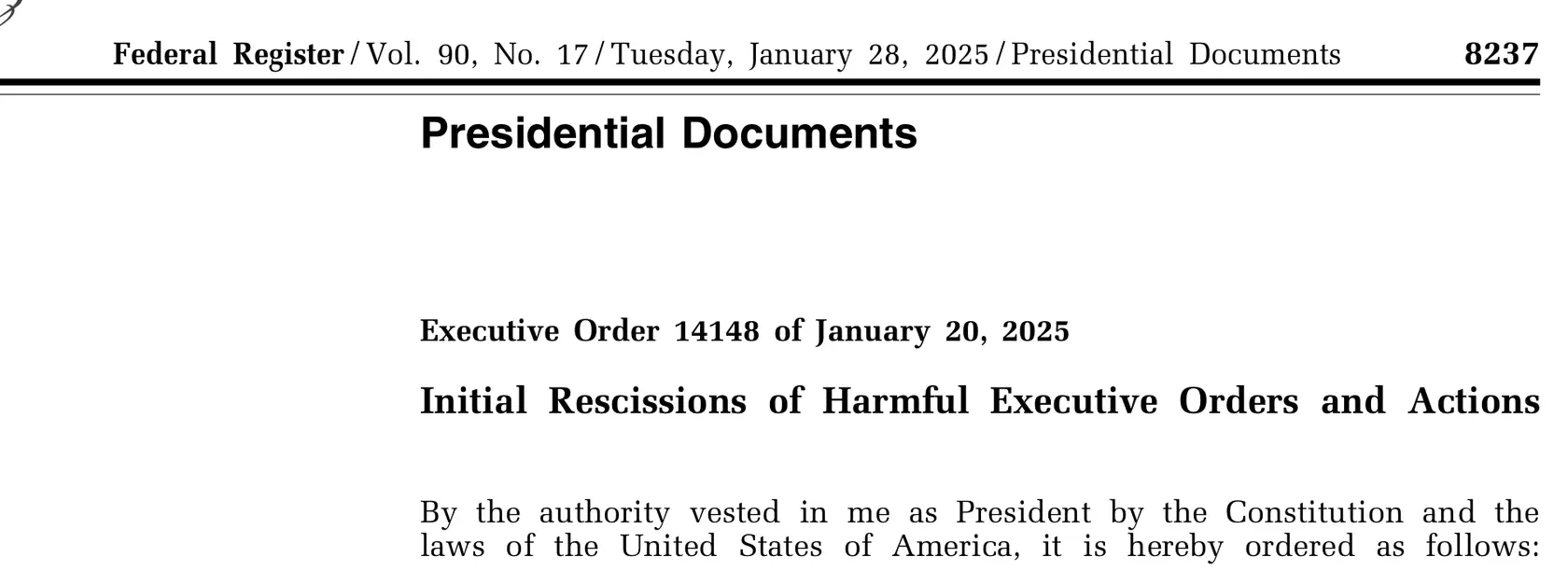 Testata di Executive Order 14148 — Initial Rescissions of Harmful Executive Orders and Actions. Federal Register, 90 FR 8237.