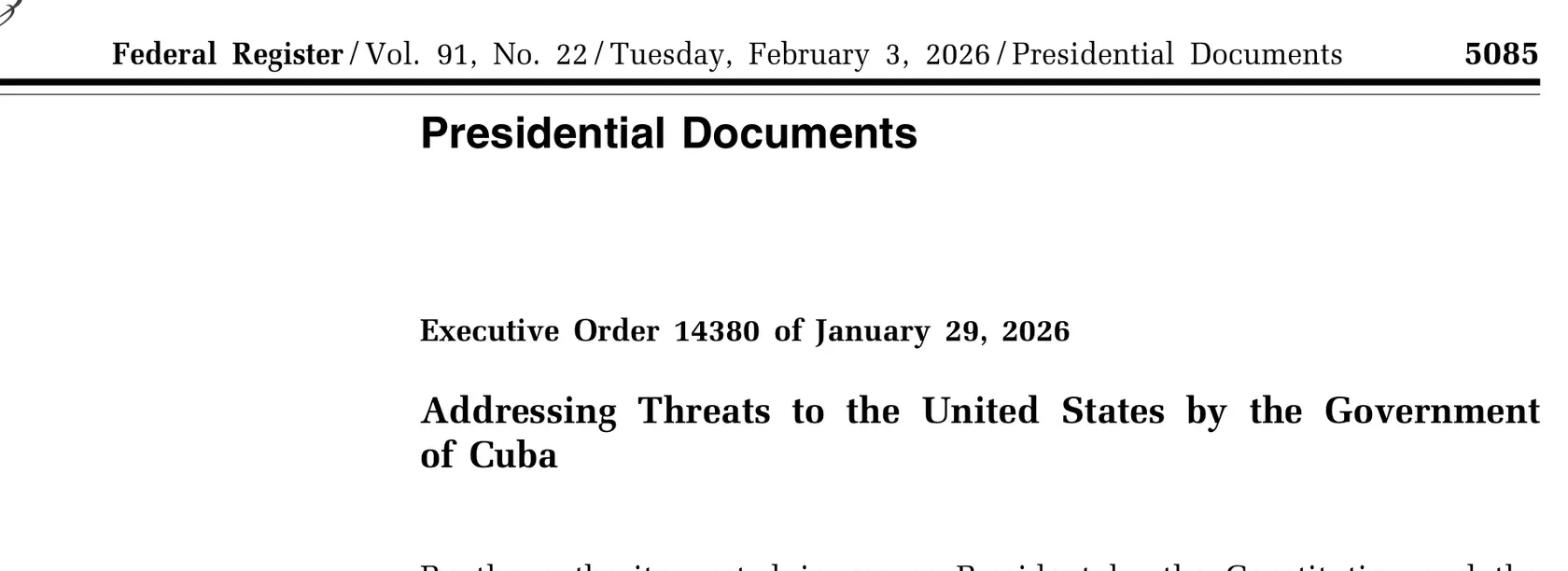 Testata di Executive Order 14380 — Addressing Threats to the United States by the Government of Cuba. Federal Register, 91 FR 5085.