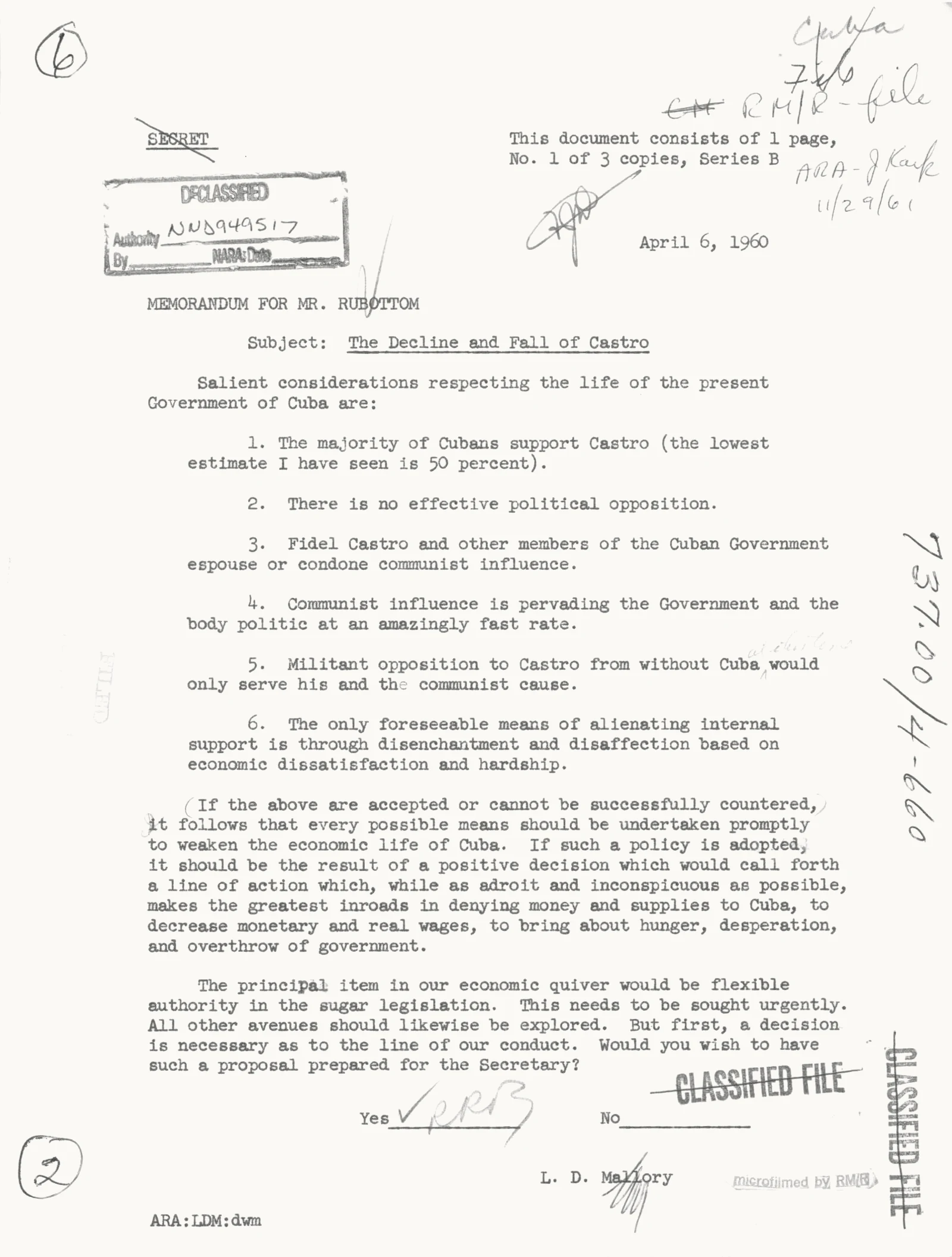 Memorandum dattiloscritto di una pagina, datato 6 aprile 1960, con la dicitura Secret in alto. Oggetto: The Decline and Fall of Castro. Tre righe del testo sono evidenziate in giallo. In calce, una casella con la parola Yes siglata a mano.