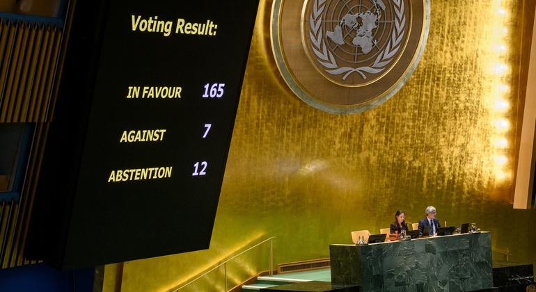 Il tabellone dell'Assemblea Generale dell'ONU con il risultato del voto: in favore 165, contrari 7, astenuti 12. Sotto, l'emblema dorato delle Nazioni Unite e il banco della presidenza.